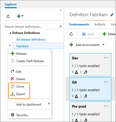 Clone and export commands on release summary page