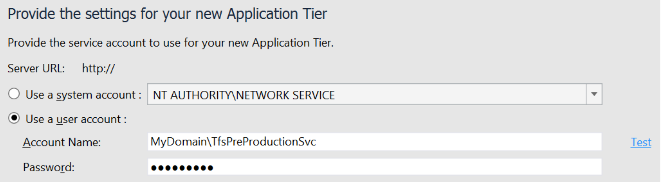 Example pre-production service account