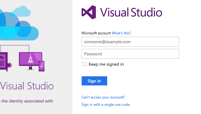 Schermopname van de aanmeldingsprompt van Visual Studio.