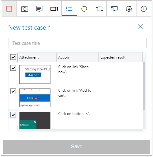 Schermopname van de acties voor de nieuwe testcase.