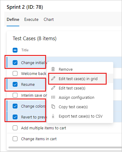 Schermopname van verschillende testcases geselecteerd met het contextmenu geopend en Testcase(s) bewerken in het raster geselecteerd.