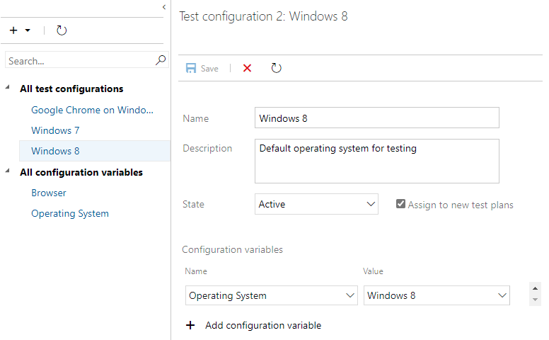 Schermopname van Azure Test Plans, Configurations Hub