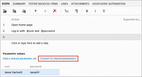 Schermopname van het converteren van bestaande parameters naar gedeelde parameters.