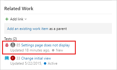 Schermopname van de sectie Gerelateerd werk van een werkitem om bugs weer te geven die zijn opgeslagen voor die test.