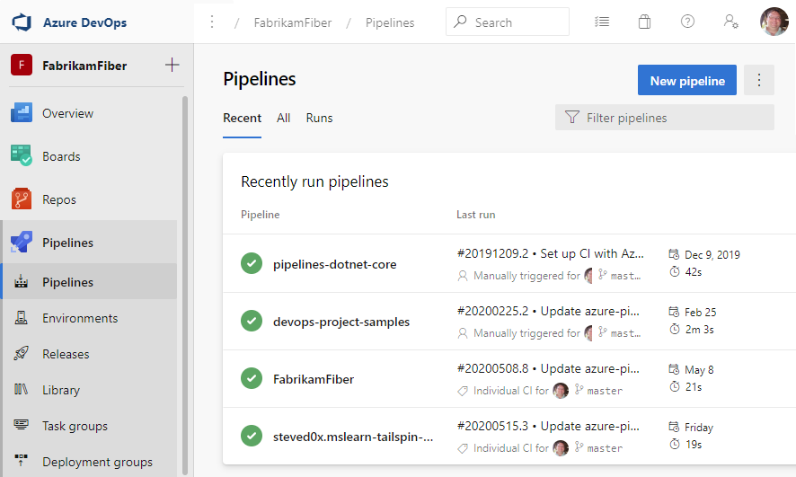 Schermopname van de landingspagina van Azure Pipelines.