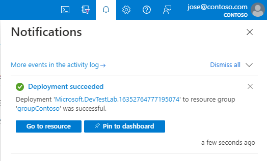 Schermopname van de implementatiemelding van DevTest Labs.