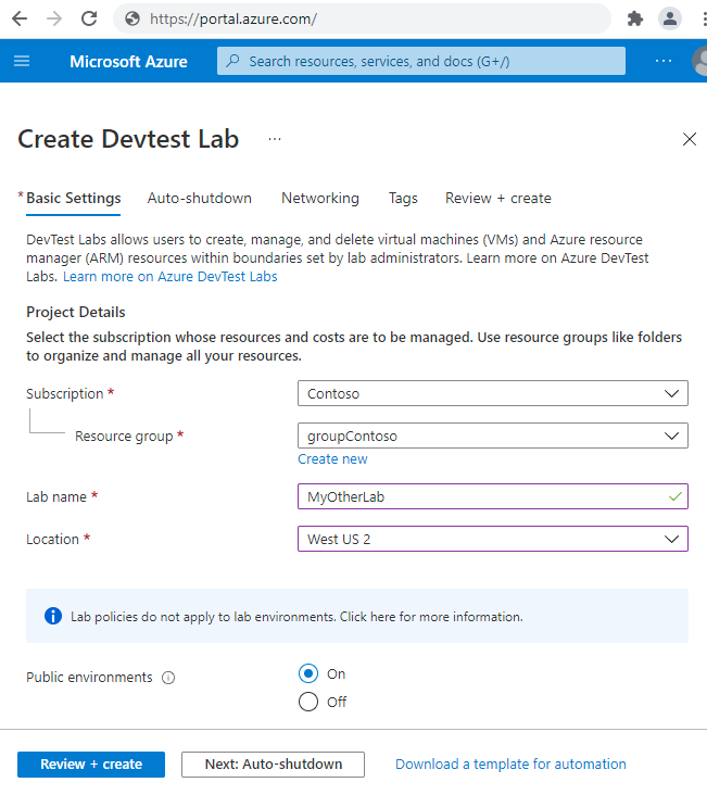 Schermopname van het tabblad Basisinstellingen in het formulier DevTest Labs maken.