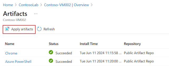 Schermopname die laat zien hoe artefacten kunnen worden toegepast op de virtuele Machine van DevTest Labs.
