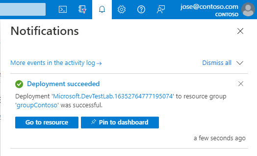 Schermopname van de implementatiemelding van DevTest Labs.