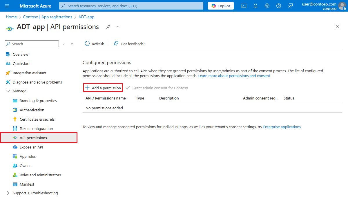 Schermopname van de app-registratie in Azure Portal, met de menuoptie API-machtigingen en de knop Een machtiging toevoegen gemarkeerd.