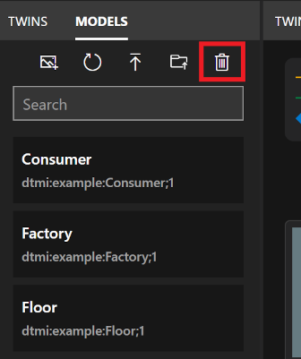 Schermopname van het deelvenster Modellen van Azure Digital Twins Explorer. Het pictogram Alle modellen verwijderen is gemarkeerd.