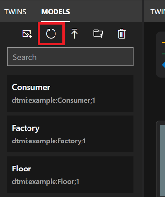 Schermopname van het deelvenster Modellen van Azure Digital Twins Explorer. Het pictogram Modellen vernieuwen is gemarkeerd.