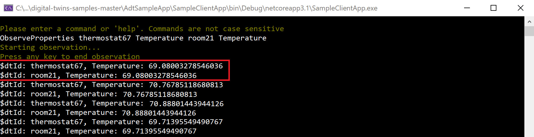 Schermopname van de console-uitvoer met een logboek met temperatuurberichten, van een thermostaat en een ruimte.