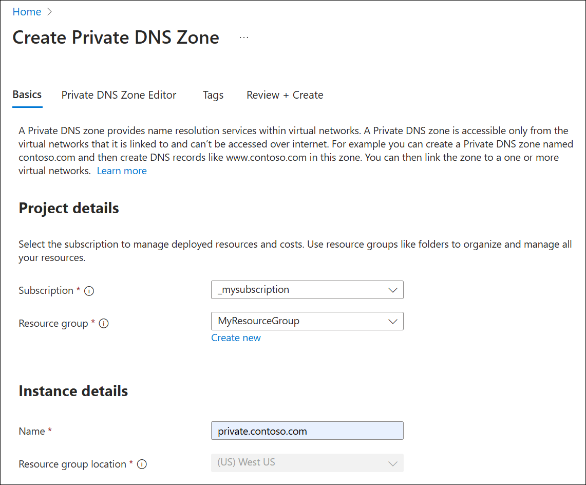 Schermopname van het maken van een privé-DNS-zone.