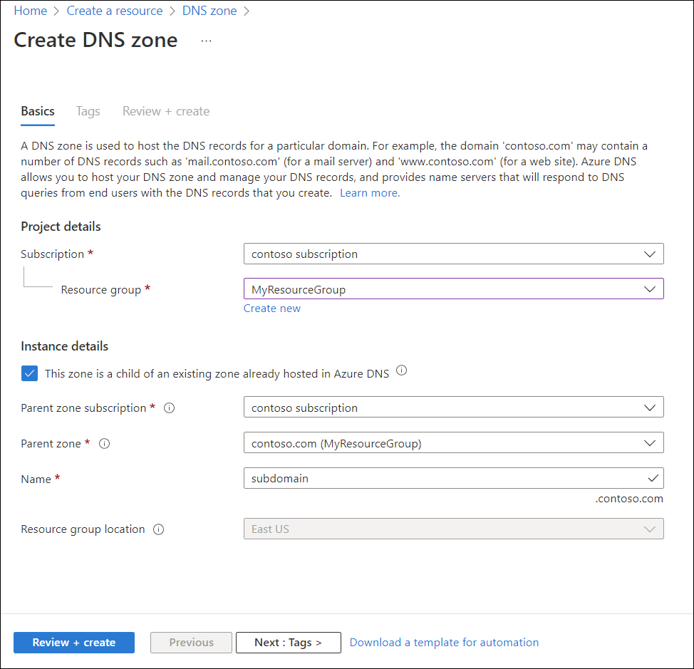 Schermopname van de pagina DNS-zone maken die wordt geopend via de knop Maken van de pagina DNS-zone.