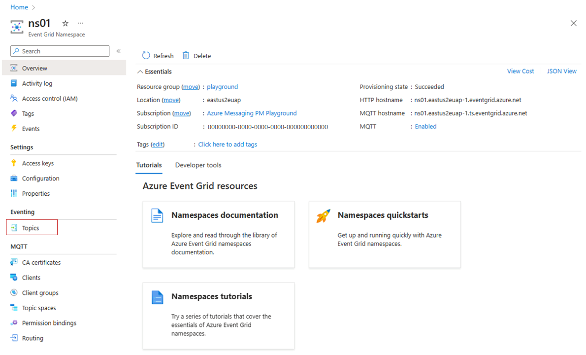 Schermopname van de sectie Event Grid-naamruimteonderwerp.