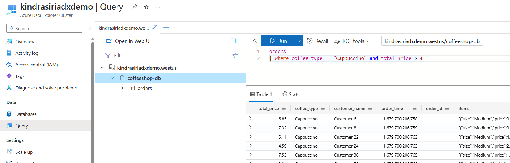 Diagram met Azure Data Explorer-query en -uitvoer.