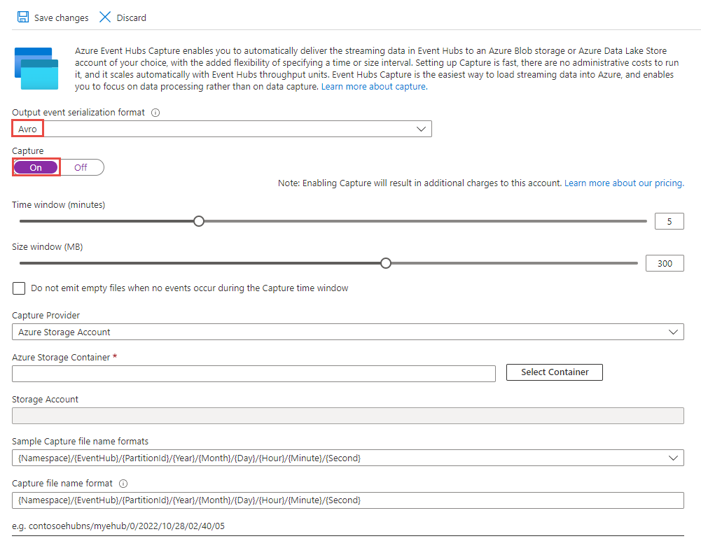 Schermopname van de pagina Capture voor uw Event Hub met de functie Capture ingeschakeld.