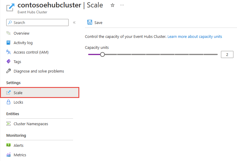 Schermopname van het tabblad Schaal van de pagina Event Hubs-cluster.