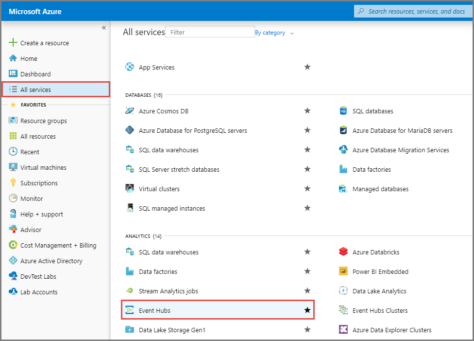 Schermopname van de selectie van Event Hubs op de pagina Alle services.