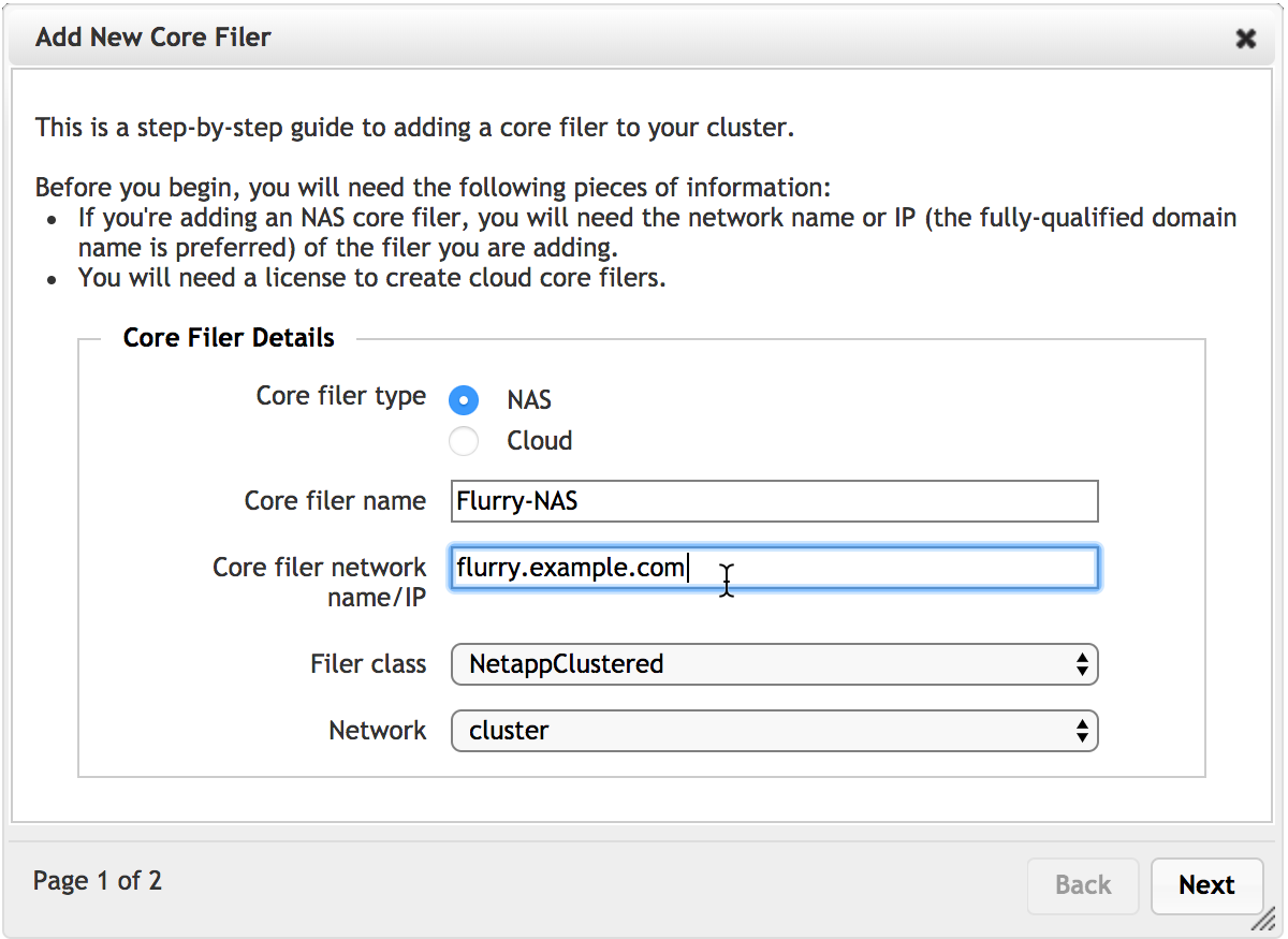 Eerste pagina van de hardware NAS nieuwe core filer wizard. De optie voor cloud core filer is uitgeschakeld en geeft een foutbericht weer over de ontbrekende licentie.