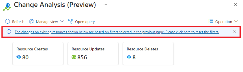 Schermopname van de banner die aangeeft dat u mogelijk filters van Alle resources opnieuw moet instellen.