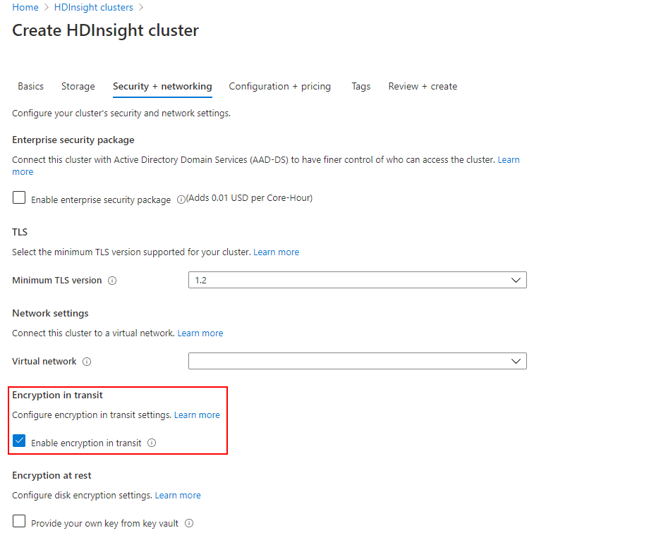 Cluster maken: versleuteling in transit inschakelen.