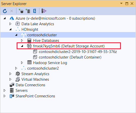 Opslagaccount, HDInsight-cluster, Server Explorer, Visual Studio.