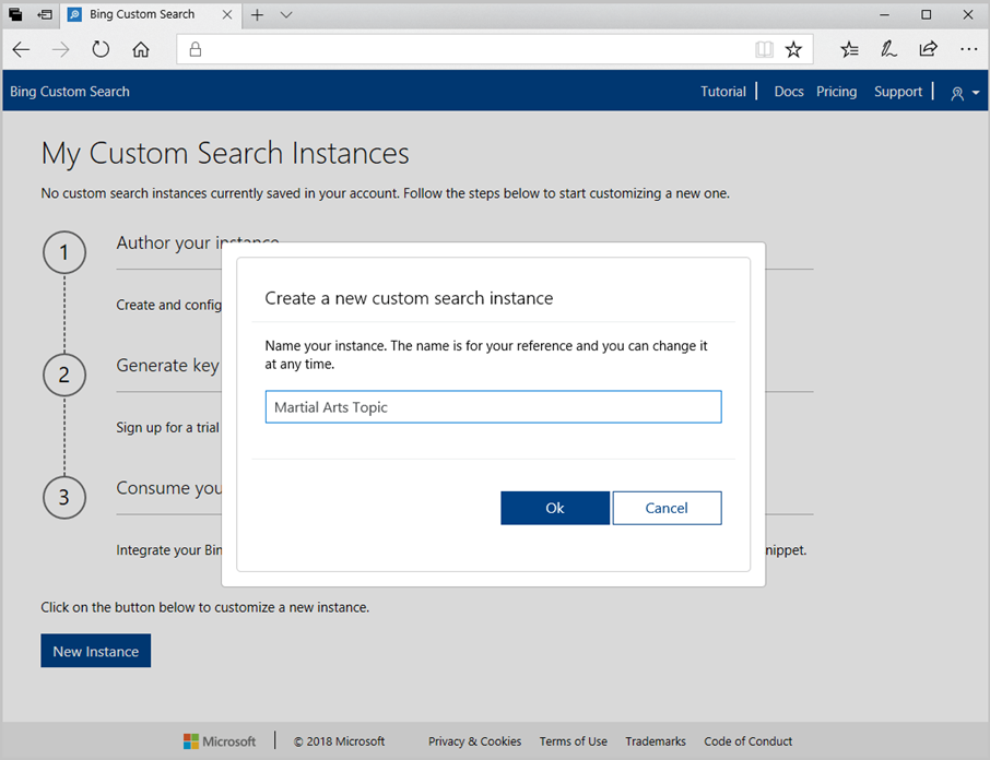 screenshot showing how to create a Bing Custom Search instance