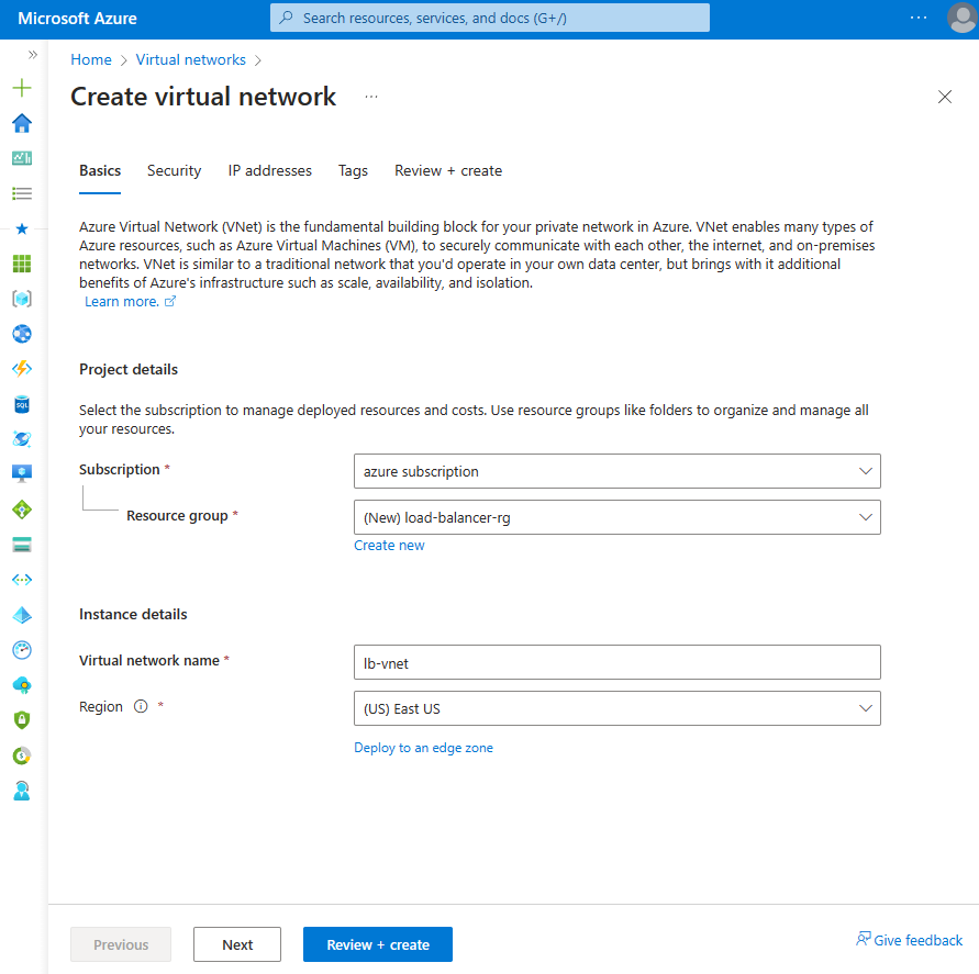 Schermopname van het tabblad Basisbeginselen van virtueel netwerk maken in Azure Portal.