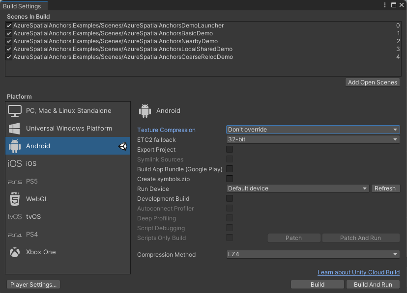 Schermopname van het deelvenster Unity Build Settings - Android