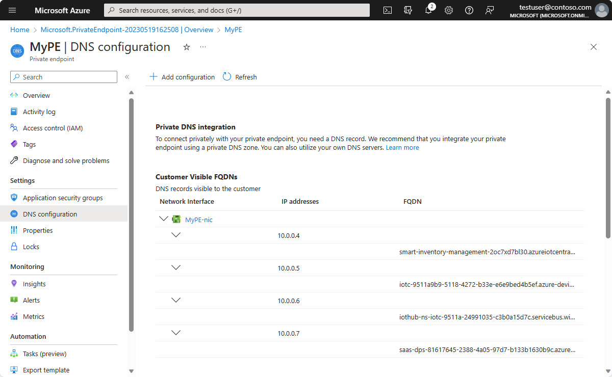 Schermopname van Azure Portal met de privé-DNS-configuratie.