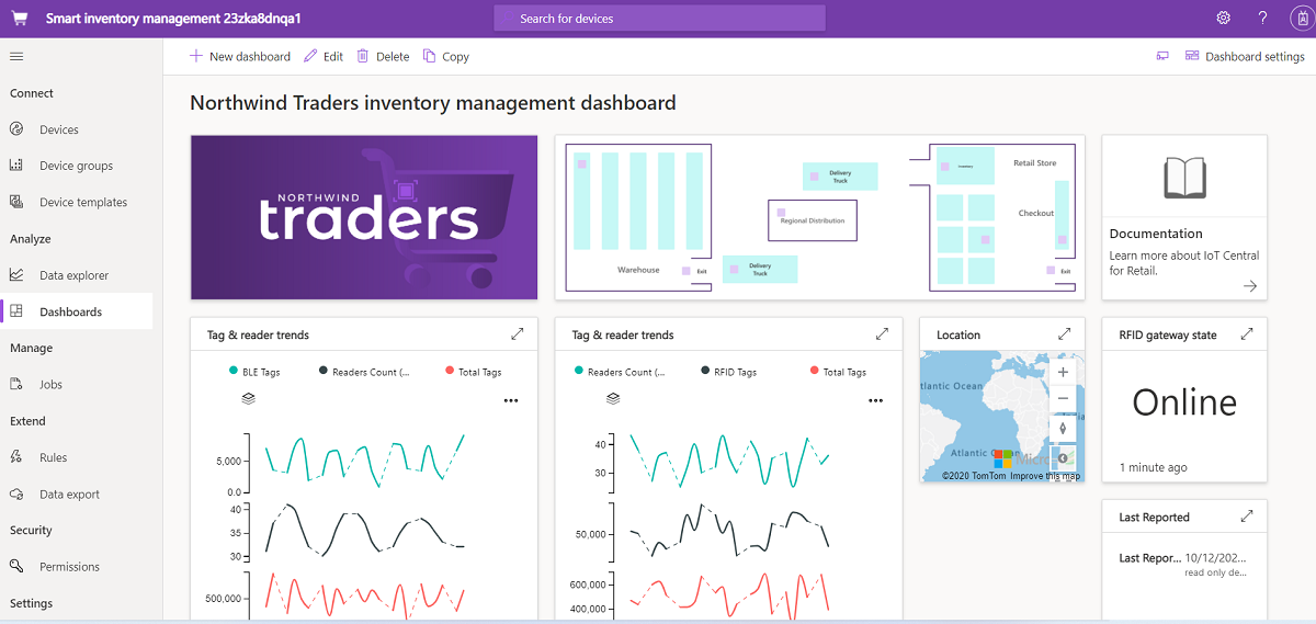 Schermopname van IoT Central Dashboard, een aanpasbare gebruikersinterface voor uw toepassing.