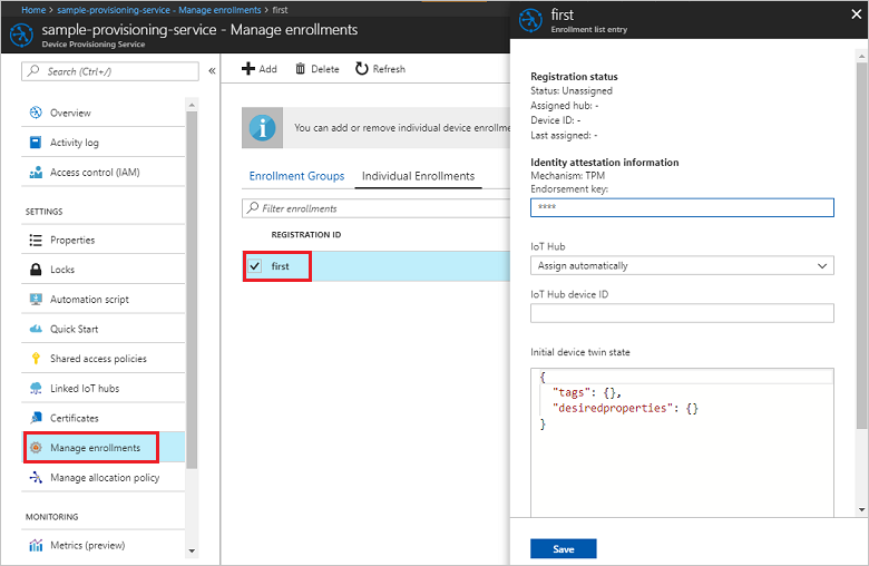 Schermopname van het verifiëren van de inschrijving voor een Node.js afzonderlijk apparaat in de portal.