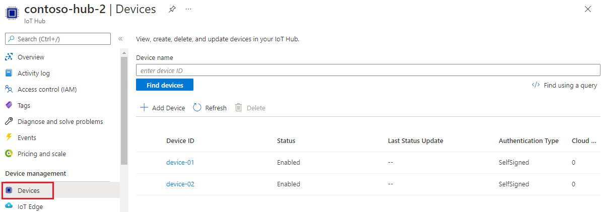 Schermopname van de apparaten die zijn geregistreerd bij de I o T-hub in Azure Portal.