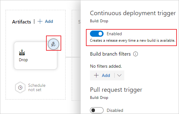 Open de artefacttriggers en wisselknop om de continue implementatietrigger in te schakelen