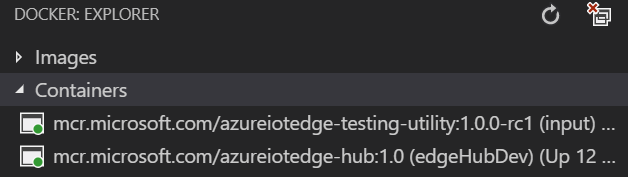 Schermopname van de modulestatus van de simulator in het deelvenster Docker Explorer van Visual Studio Code.