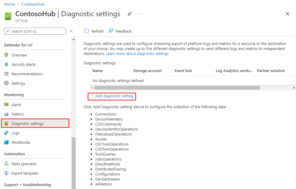 Schermopname waarin Diagnostische instellingen in de sectie Bewaking is gemarkeerd.