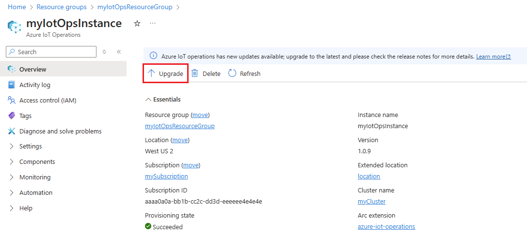 Schermopname van de knop Upgrade ingeschakeld in Azure Portal.