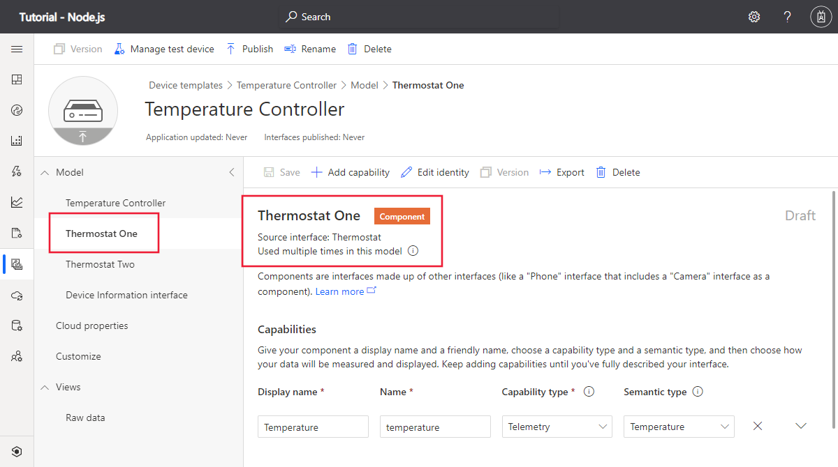 Schermopname van de thermostaatonderdelen in de apparaatsjabloon voor de temperatuurcontroller in IoT Central.