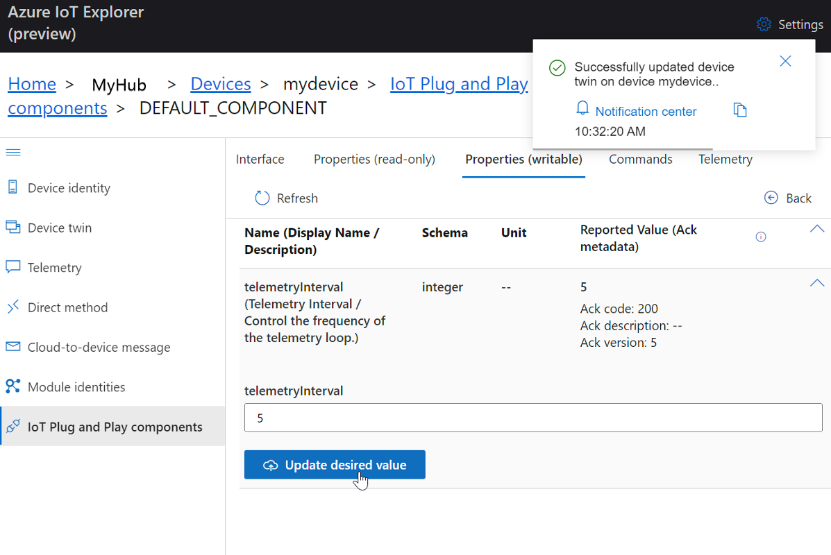 Schermopname van het instellen van telemetrie-interval op STM DevKit in IoT Explorer.