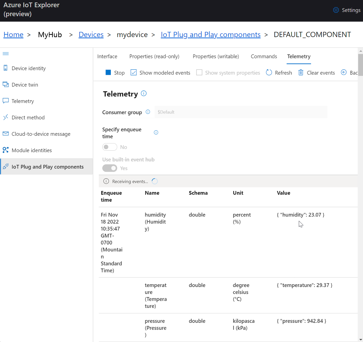 Schermopname van gemodelleerde telemetriegebeurtenissen in IoT Explorer.