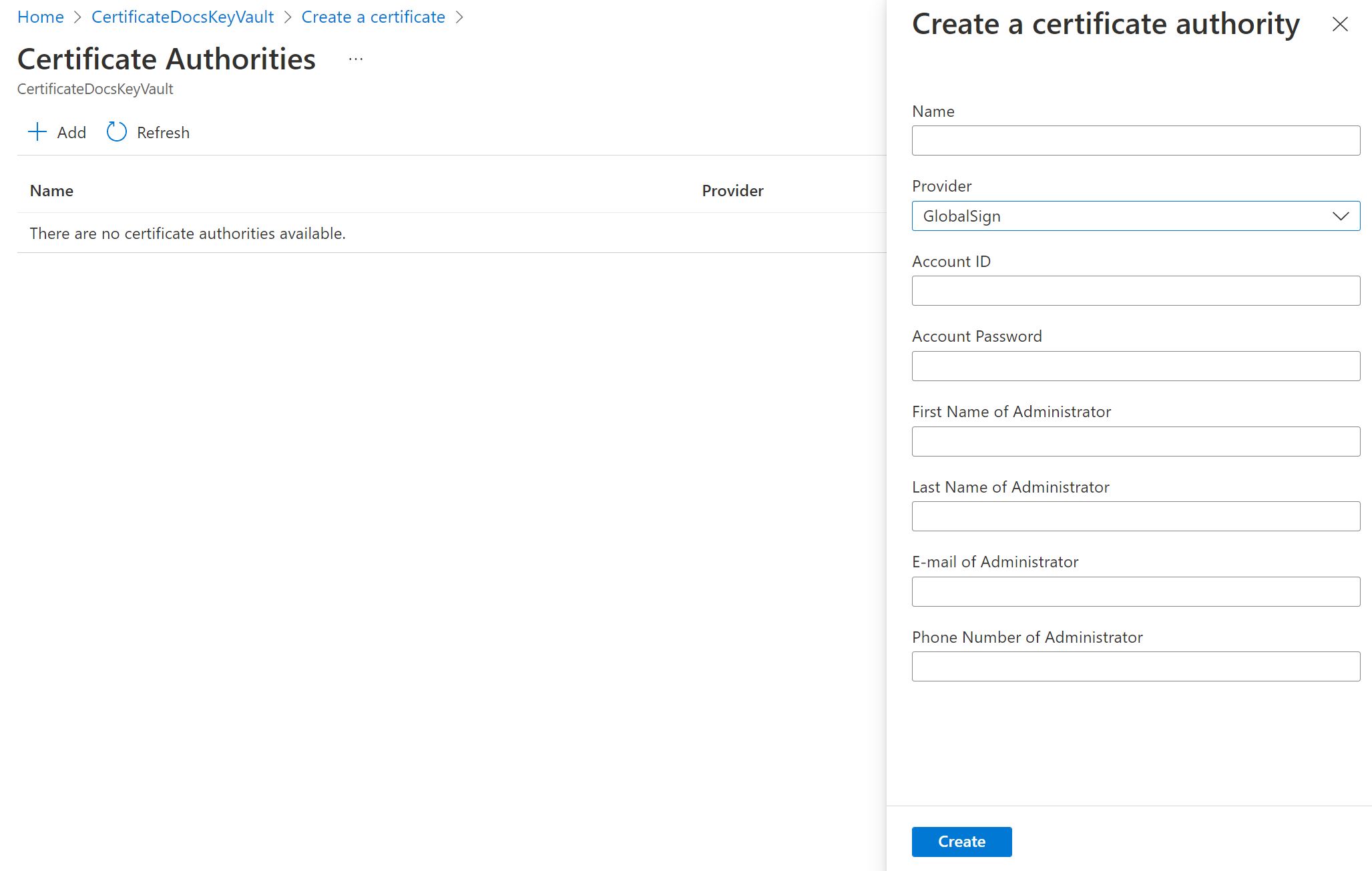 Schermopname van de knop Toevoegen op het tabblad Certificeringsinstanties voor globale aanmelding.