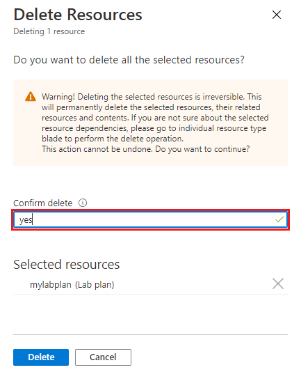 Schermopname van de bevestigingspagina voor het verwijderen van labplannen in Azure Portal.