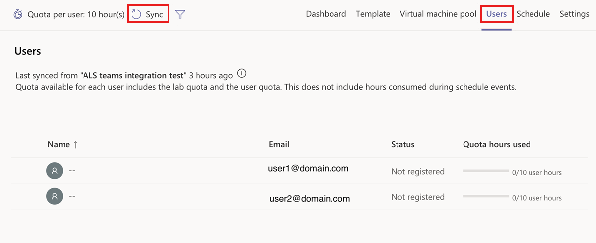 Schermopname van het handmatig synchroniseren van gebruikers met Azure Lab Services in Teams.