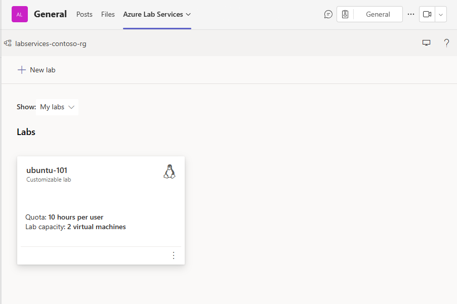 Schermopname van de lijst met labs in Microsoft Teams.