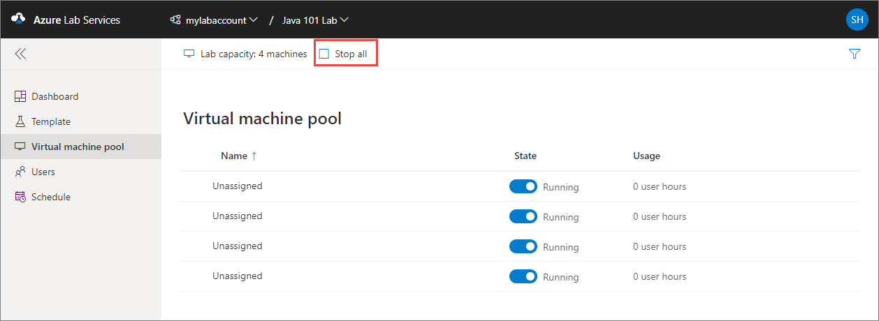 Schermopname van de pagina Virtuele-machinepool met de knop Alle stoppen gemarkeerd.
