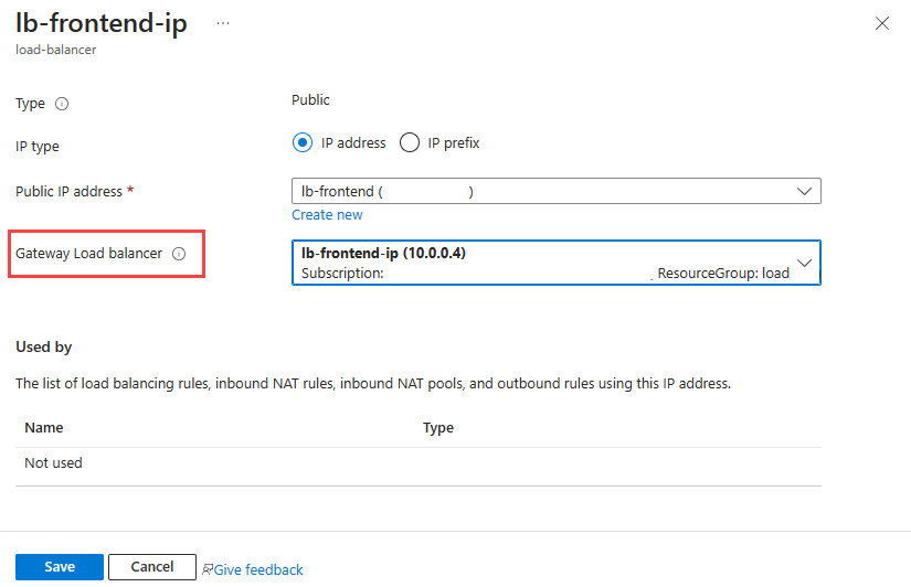 Schermopname van het toevoegen van gateway load balancer aan front-end-IP.