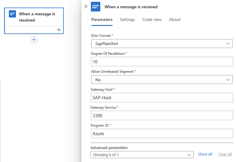 Schermopname van de standaardwerkstroom waarin de ingebouwde SAP-connectortrigger is geconfigureerd.