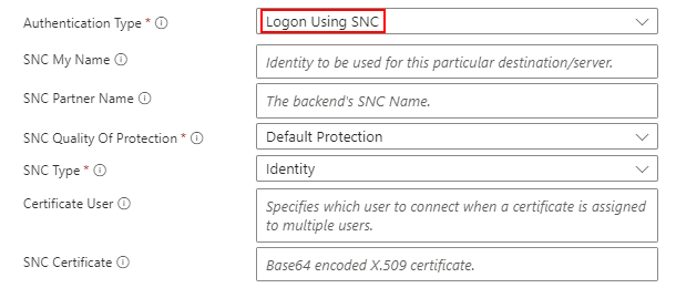 Schermopname van ingebouwde SAP-verbindingsparameters met SNC ingeschakeld voor Standaardwerkstromen.